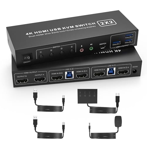 USB 3.0 HDMI KVM Switch 2 Montiors 2 Computers, 4K@60Hz KVM Switch Dual Monitor with 3 USB 3.0 Ports and Audio, 2 Port KVM Switch with Dual Monitor Cross Display for 2 Computers