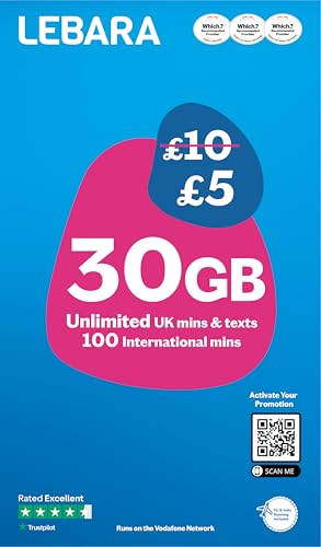 Lebara Mobile SIM Card: 30GB Data SIM Only Plan for 5 Half Price for First 3 Months No Contract UK Calls Texts International Minutes EU and India Roaming Included Fits All Devices