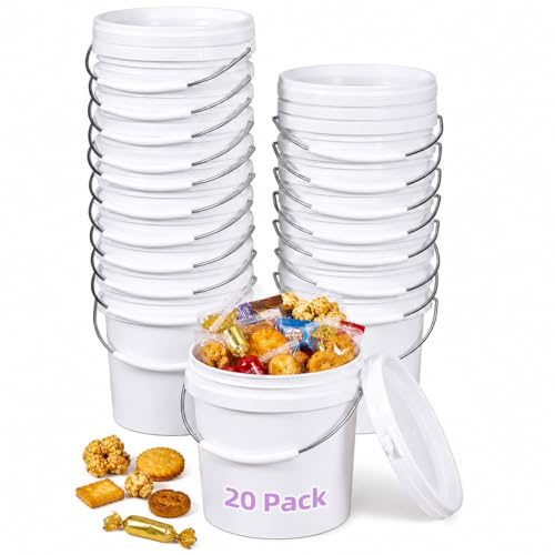 METAPACK 20 Pack 0.5-Quart Mini Plastic Buckets with Lids and Handles Small Food Storage Pails Candy Buckets for Party Favors Birthday Gift Containers Classroom Craft Storage (White)