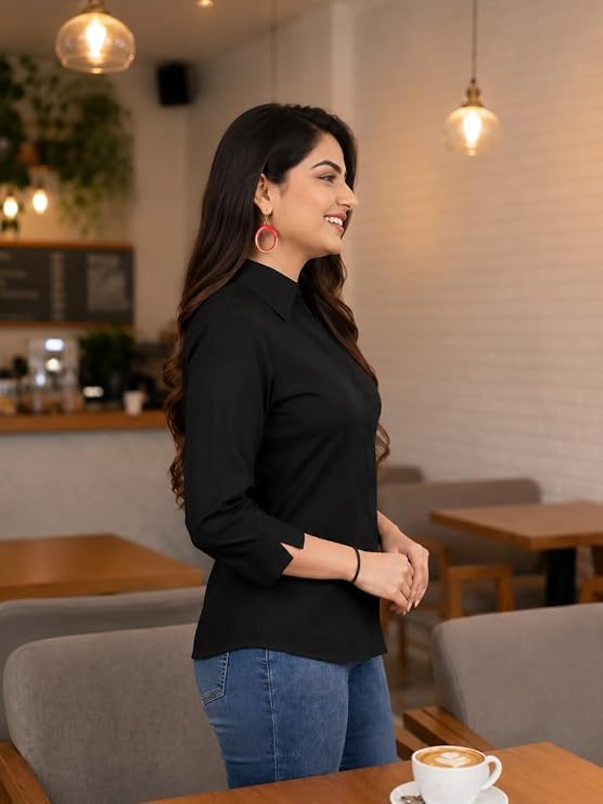 Image of Women's Formal Collared Shirt | Solid Office Wear Button-Up Top | Regular Fit 3 /4 Sleeve Business Shirt for Work & Casual Wear