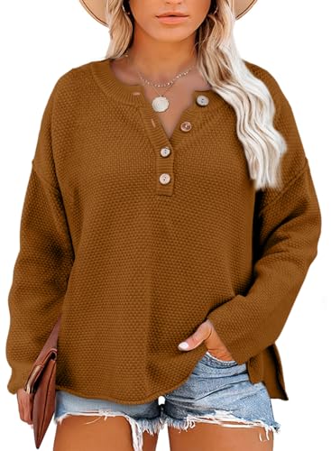Image of Eytino Womens Plus Size Sweaters Casual Long Sleeve Loose V Neck Button Henley Tops Pullover Knit Jumpers,(1X-5X)