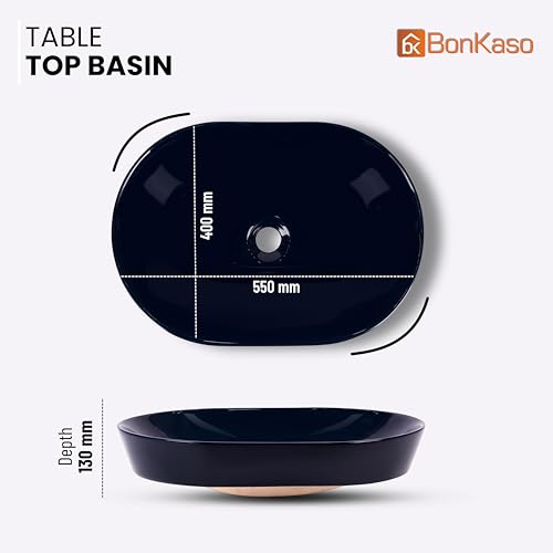 Image of BONKASO Capsule Table Top Wash Basin for Bathroom | Premium Fully Glazed Ceramic Vessel Sink | 55D x 40W x 13H Big Size | Glossy Black Designer Finish