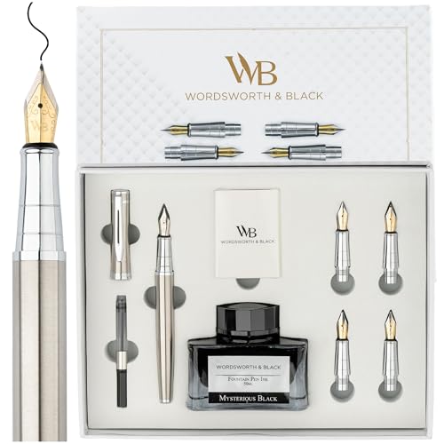 Image of Wordsworth & Black Luxury Fountain Pen Set for Writing, 6 Nibs, Silver Chrome