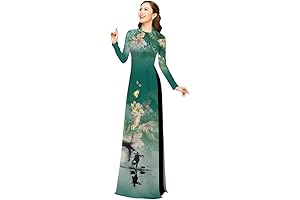 B35 3D Printed Green Hoa Sen Ao Dai Dress Vietnamese Traditional For Women