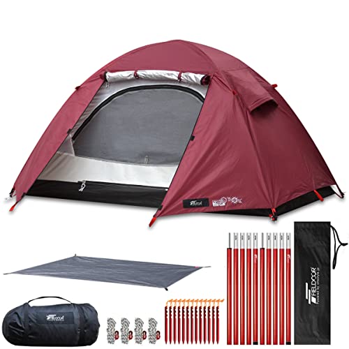 FIELDOOR フライシート付キャンプテント フィールドキャンプドーム100 【ボルドー】 アルミテントポール 2セット入り グランドシート ペグ+ロープ+キャリーバッグ付 1人用 ソロ 吊り下げタイプ UVカット 耐水 シルバーコーティング キャノピー 簡単