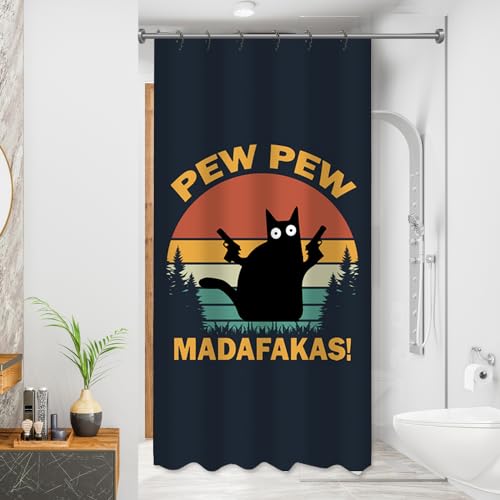Funny Cat Shower Curtains, Pew Pew Madafakas Shower Curtain, Crazy Cat with Guns 36 x 72 Inch Waterproof Shower Curtains with Metal Hooks for Bathroom Decor