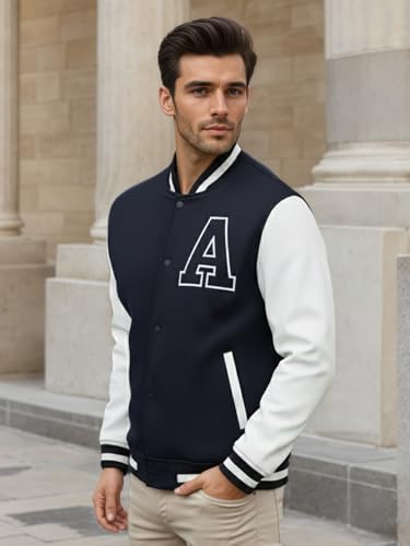 Image of CHKOKKO Men's Regular Varsity Jacket with Snap Button Closure and Patch Design Trendy Comfortable Outerwear for College Travel and Casual Wear