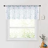 MRTREES Sheer Christmas Curtain Valance, Leaves Embroidered Small Valances Curtains Rod Pocket, Short Window Treatment Panels for Living Room Bedroom Kitchen(1 Panel, 54x16 Inches, Aqua Blue Leaves)