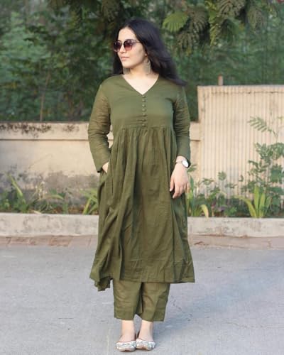 Image of Anarkali Kurta Pant Set for Women Long Flared V-Neck Kurta | Office & Casual Wear | 3 /4 Sleeve | Button Front | Karwa Chauth & Diwali Special Office wear