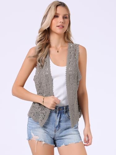Image of Allegra K Women's Floral Crochet Hollow Out Sleeveless Open Front Boho Vest Cardigan