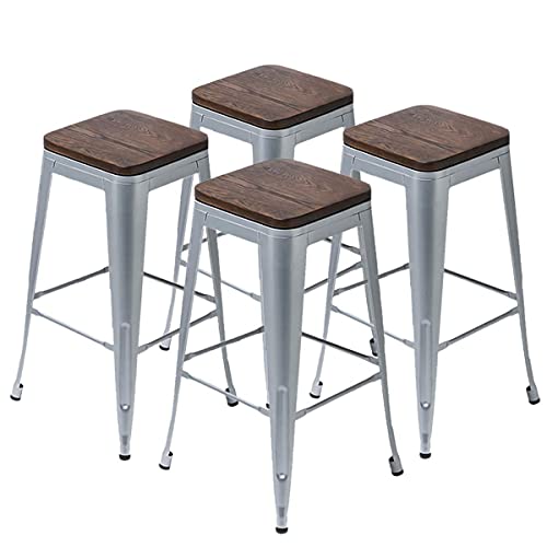 Set de 4 Butacos Metálicos sin Respaldo de 26" (Plata) | Taburetes para Isla de Cocina con Asiento de Madera, Estilo Industrial y Apilables, para Comedor, Granja y Cafetería miniatura 7