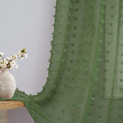 Olive Green Sheer Curtains 63 Inch Length for Bedroom Living Room Cute Pom Pom Patterned Modern Christmas Window Decor Country Rustic Farmhouse Boho See Through Sheer Curtain Back Tab 2 Panels 52x63