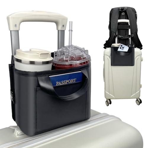 Image of Luggage Cup Holder for Suitcases - Free Hand Drink Carrier, Multifunctional Travel Cup Holder Fits Suitcase Handles, Travel Accessories (Water Proof Jet)
