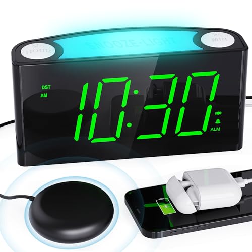 Reveil Vibreur Puissant Fort, Réveil Digitale Veilleuse de Nuit avec Chargement USB Double,Type C, Affichage à LED,Volume de l'alarme Luminosité...