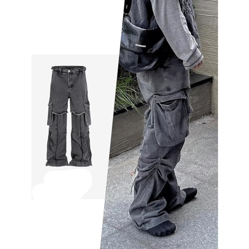 Layered Pleated Straight Leg Pants Unisex High Street Washed Denim Jeans2