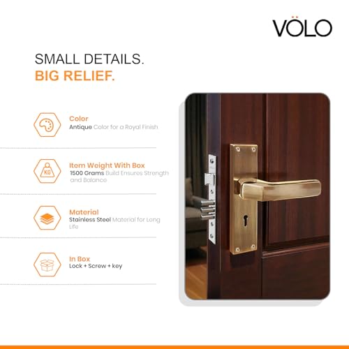 Image of VOLO Stainless Steel Mortise Lock | 8 Inch Lock Body | Main Door Handle Set with Keys | Wooden Door Lockset | Hotel Office Home Door Lock | 3 Keys | 10 Year Lock Body Warranty (Antique | KY | 6007)