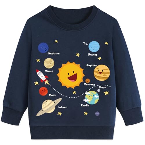 EULLA Kids Jumper Solar System Planet Sweatshirt Boys Space Shirt Long Sleeves Cotton Navy Blue 6-7 Years