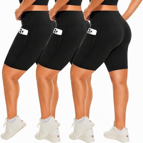 HLTPRO 3 Pack Plus Size Biker Shorts for Women, Pocket & No-Pocket Options