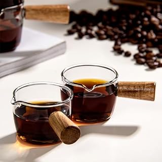 SUQ 2Pcs Glass Milk Cup, Small Espresso Coffee Cup, Glass Sauce Dish, Multi-Functional Wood Handle Cup, Creamer Jugs Sauce Pitcher, for Coffee Tea Maple Syrup Honey50ml