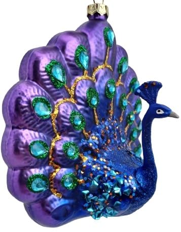 Glass Peacock with Flared Tail in Blue Purple and Green Hanging Christmas Tree Ornament