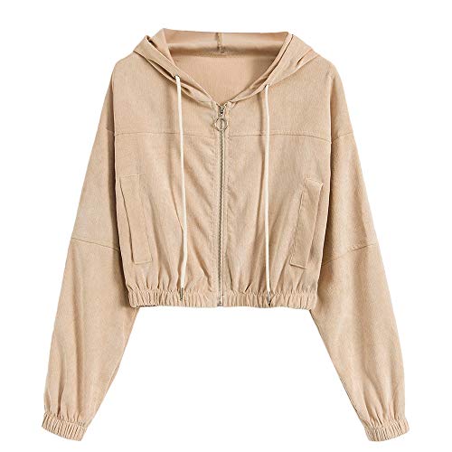 ZAFUL Women's Corduroy Cropped Jacket Full Zip Drop Shoulder Coat with Pocket (M, Apricot-Hooded)