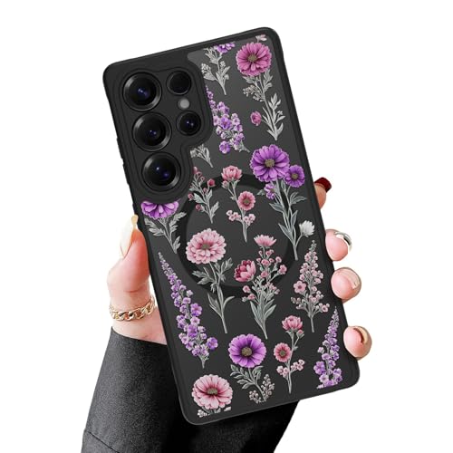 MZELQ Magnetic Case for Samsung Galaxy S25 Ultra, Clear Purple Flower