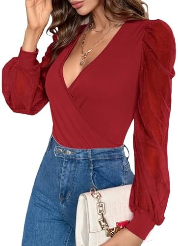 Fayenne Womens Tops Deep V Neck Cross Wrap Sexy Tops Polka Dot Me...