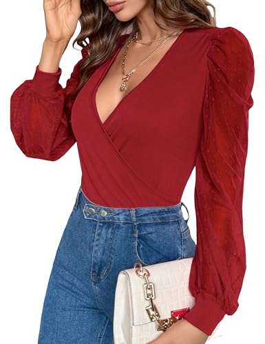 Image of Fayenne Womens Tops Deep V Neck Cross Wrap Sexy Tops Polka Dot Mesh Long Sleeve T Shirt Casual Blouses
