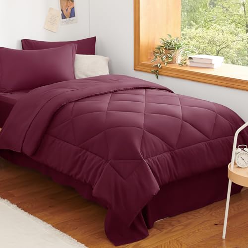 Image of CozyLux Twin XL Comforter Set Burgundy - 5 Pieces Twin Extra Long Bed in a Bag for College Dorm, All Season Bedding Set for Girls and Boys, Soft Bed Set with Comforter, Sheets, Pillowcase & Sham