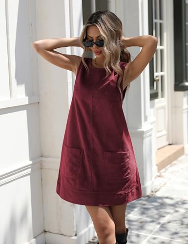 Image of Hooever Women's Corduroy Overall Dress Round Neck A Line Skirtall Jumper Mini Dress Pinafore with Pockets