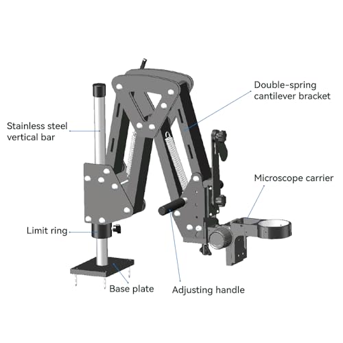 Image of Microscope Boom Stand for MS04A Stereo Microscope, Adjustable Spring Arm Bracket, Compatible with 76mm Holders and LED Ring Lights, Heavy-Duty Table Clamp Base, MH04A-H