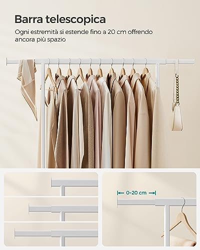 SONGMICS Stand Appendiabiti con Ruote, Attaccapanni Estensibile per Carichi Pesanti, Portata Totale 100 kg, 45 x (92-132) x 161,5 cm, Facile da Montare e Spostare, Bianco HSR013W01 - Immagine 5