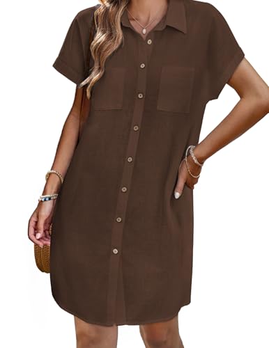 Image of Zeagoo Summer Dresses for Women 2026 Cotton Button Down Short Sleeve Tshirt Dresses Casual Mini Beach Dress
