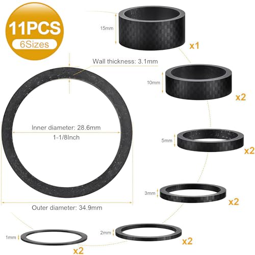 Vesavifaka 12 Stück Fahrrad Carbon Faser Headset Abstandshalter Spacer, Mattes Finish, Passt für 1-1/8 Zoll Vorbau für MTB, Mountainbike Straßenrad Lenker Vorbauten, (15/10/5/3/2/1mm) 6 Größen