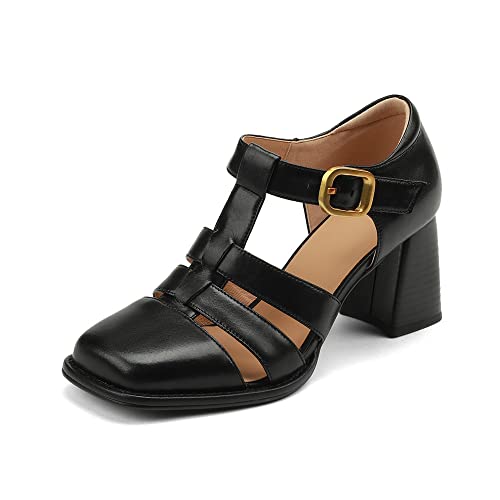 TinaCus Women's Square Toe Genuine Leather Handmade Buckle Mid Chunky Heels Chic Sandals
