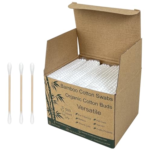 Meanhoo Bamboo Cotton Swabs 500 Count - Biodegradable Double-Tipped Organic Cotton Buds with Wooden Sticks for Ear Cleaning, Makeup, Personal Care, Pet Grooming, Household Use