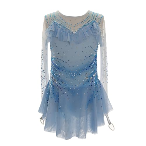 Girls' Long Sleeve Figure Skating Dress with Rhinestones, Women's Handmade Ice Skating Dress for Competition(XL)