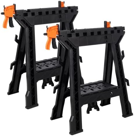 Folding Clamping Sawhorse Set of 2, Heavy Duty Clamping Sawhorse 2200 LBS Load Capacity for Garage, Workshop, Fully Assembled