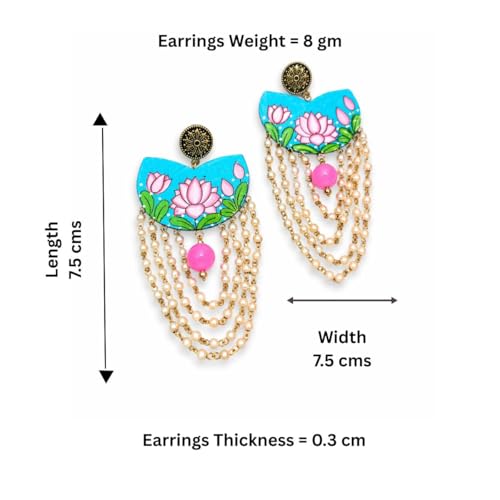 Image of KHOJ.CITY Ethnic Earrings for Women | Lightweight, Hand-Painted Chandbali with Pearl Chain | Handmade Jewellery for Women | Boho Earrings For Girls