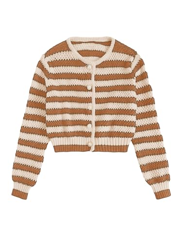 MakeMeChic Women's Striped Cardigan Sweaters Fall Trendy Long Sleeve Button Down Knit Lightweight Cropped Cardigan