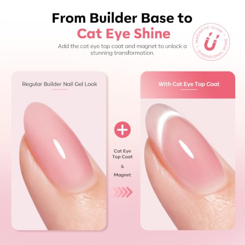 Image of modelones 5 Colors Builder Nail Gel, Cat Eye Gel Top Coat and Magnet Set | Rubber Color Base Gel Polish for Thickening Apex Building Strengthener Short Extension Home DIY Salon Girls LED Lamp Cured