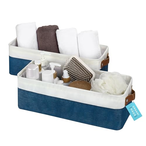 OrganiHaus Narrow Storage Bins 15x06in, Small Closet Bins for Shelves, Bathroom Storage Baskets for Shelves, Narrow Baskets, Fabric Organizer with Handles, Toilet Paper Organizer - 2 Pack, Navy Blue