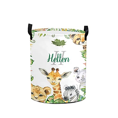 WOWPersonalTailor Cartoon Jungle Animal Laundry Hamper Basket Custom Name Collapsible Storage Bin Waterproof Clothes Room Decor Dirty Baskets for Gift, 19.69''(height) x 14.17''(diameter)