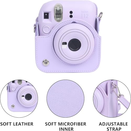 Image of Breatoi PU Leather Camera Case for Mini 12 - Rainproof, Soft, and Stylish in Lilac Purple with Adjustable Shoulder Strap (Camera not Included)