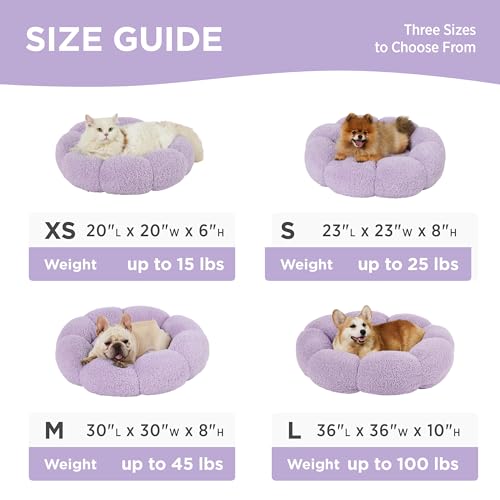 lesure calming medium dog bed - flower donut round fluffy puppy bed in plush teddy sherpa non-slip cute flower cat beds for indoor cats medium pet bed fits up to 45 lbs machine washable purple 3034