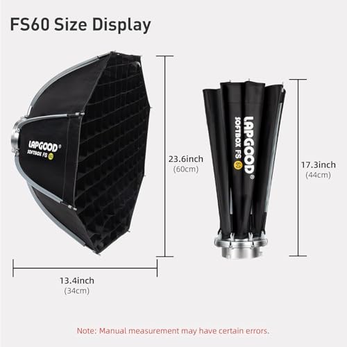 LAPGOOD FS60 Softbox 60cm Softboxes, Quick Release Foldable Softbox with Honeycomb Grid, S-Type Flash Bracket, Bowens Mount and Carrying Bag, Soft Box for Studio Photography Video Flash