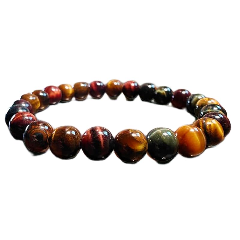 LKBEADS Naturalne tygrysie oko 8 mm | Okrągły kamień o gładkiej talii | Wielokolorowy kamień | Elastyczna bransoletka | Bransoletka uzdrawiająca | Ręcznie robiona biżuteria | LK_WOSB_00270