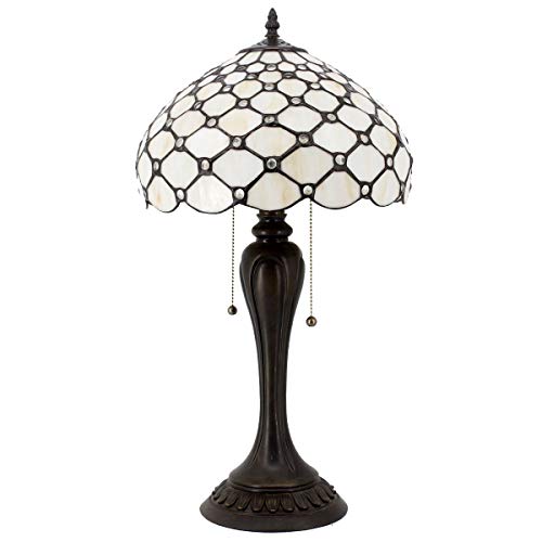 Stained Glass Lamp Bedside Tiffany Style Table Light Cream Pearl Bead Shade Antique Rustic Resin Base 22  Tall Friend Living Room Bedroom Desk Farmhouse Colorful Bohemian WERFACTORY Led Bulb Included