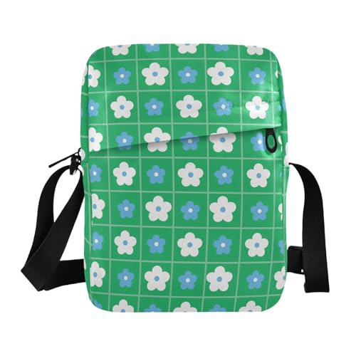 KLL Blue and FLOWERs Green Checkered Pattern cute messenger bag Vegan Leather cross body bag men Travel Shoulder Handbags