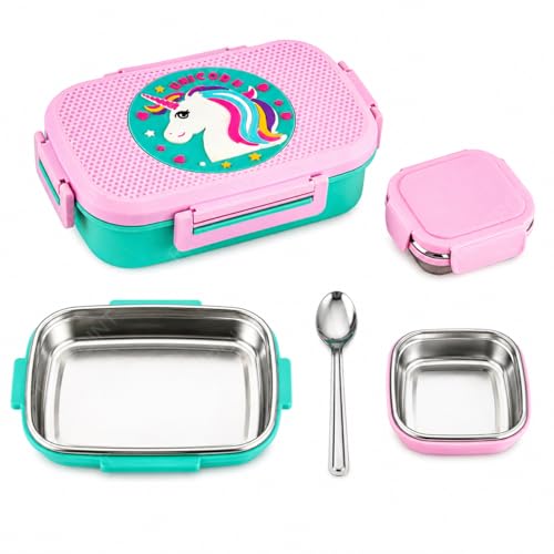 Image of PLUSPOINT Unicorn Big Steel Lunch Box | Stainless Steel Lunch Box with Inner Separate Veg Box | Leak Proof and Break Resistant | Tiffin for Kids, Adults with Snap Lock | Ideal for Office, School
